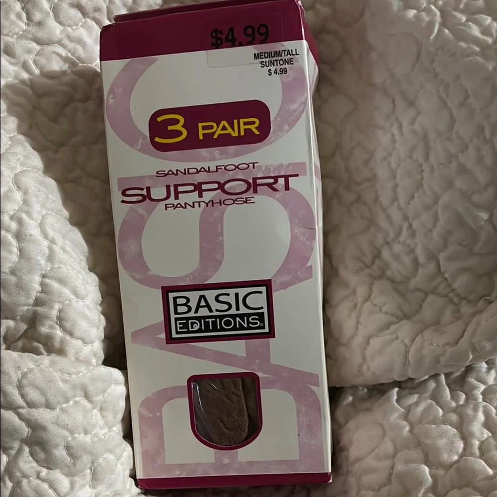 Vintage Basic Editions Sandalfoot Support Pantyhose Suntone 3 Pair